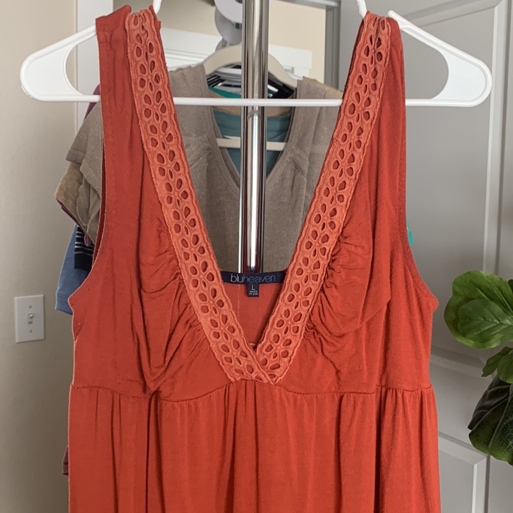 BlueHeaven babydoll rust color mini dress boho beach lace trim size Lg (juniors) - Picture 2 of 7